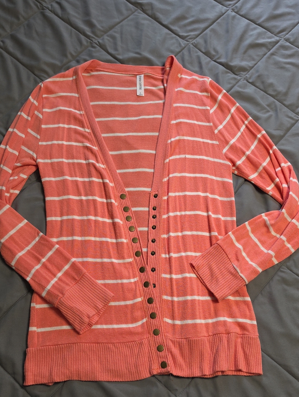 Zenana Outfitters Coral and White Striped Snap-Front Cardigan
